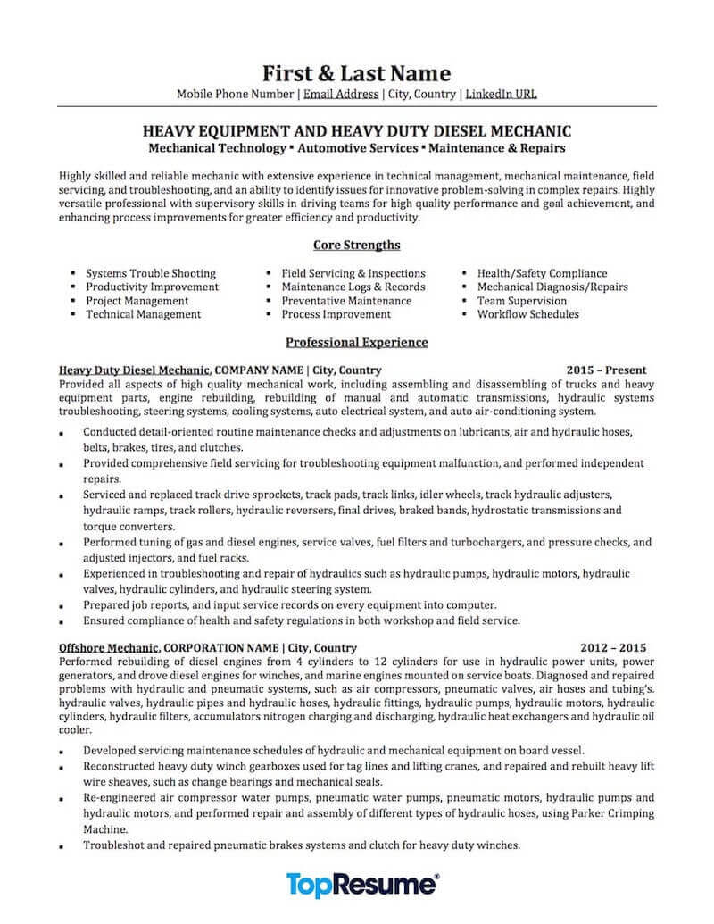 Mechanic Resume Sample