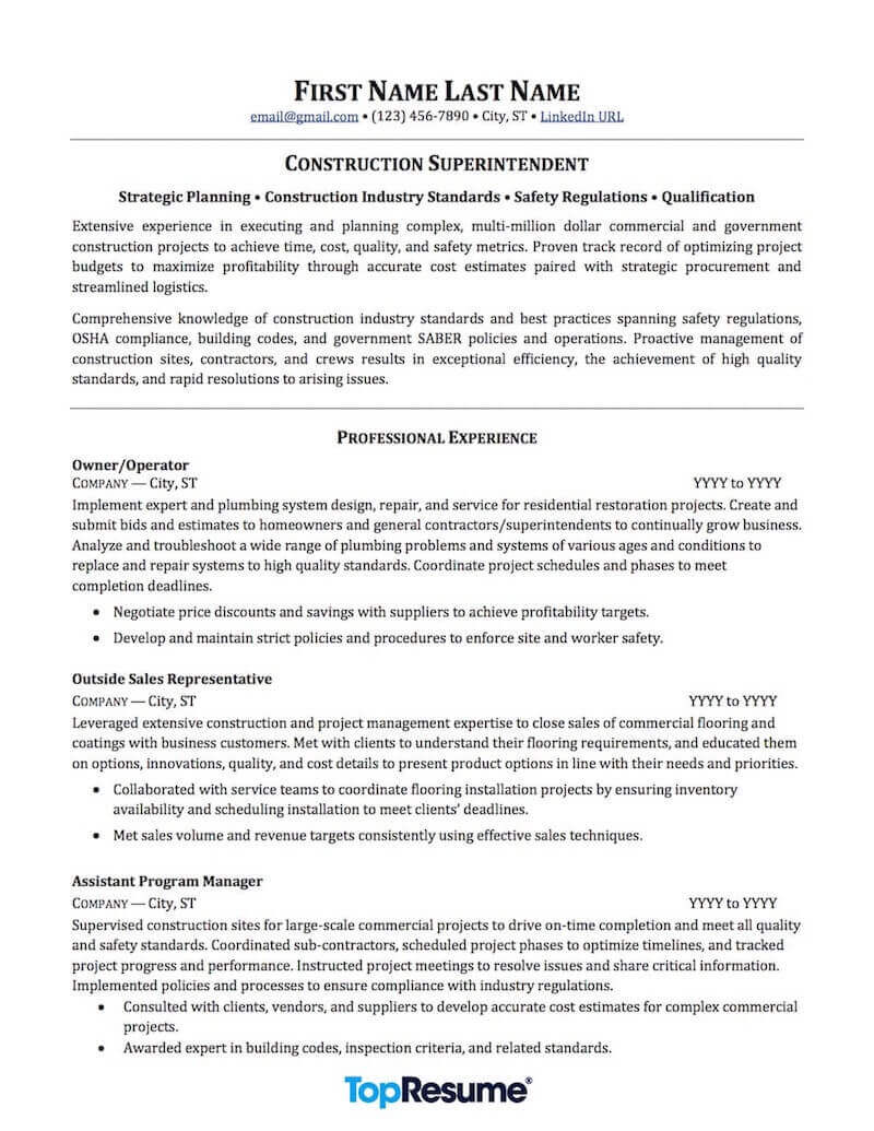Construction Resume Example