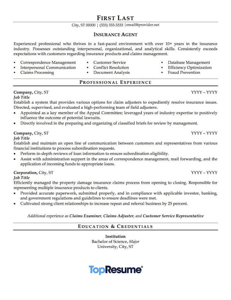 Insurance Agent Resume Sample